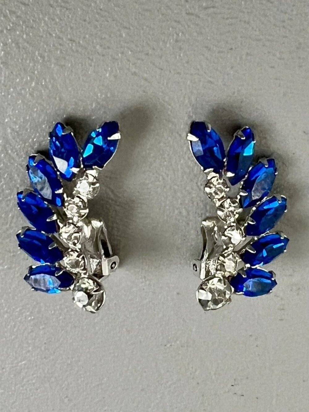 Vintage B David Blue Rhinestone Clip On Earrings Silver Tone Navette Marquis 1"